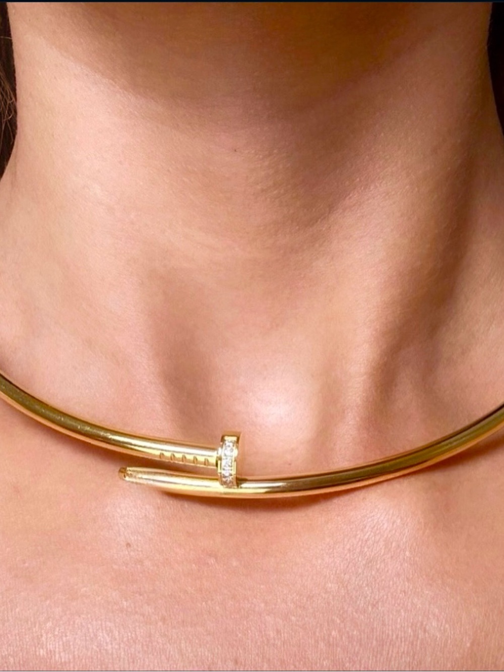New Nail Choker 18K Gold Plated Zirconia Motif Statement Necklace